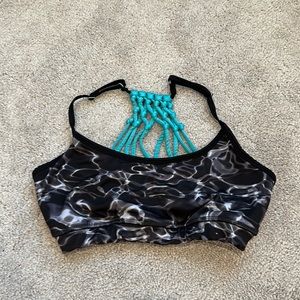 Black/White Sports Bra with Teal String Back